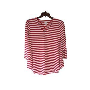 Chico's Top Sz 1 Womens  Red Striped Jersey Knit 3/4 Sleeve Strappy Neck